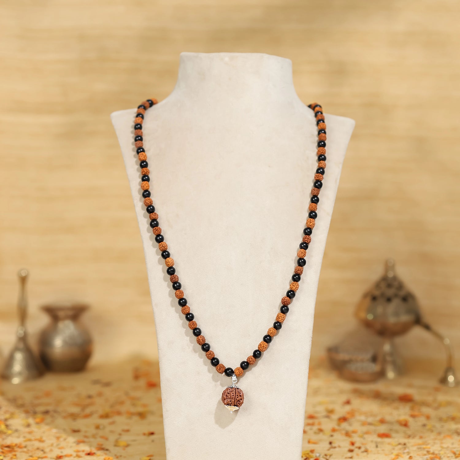 Divine Karungali & Rudraksha Mala with Sacred Mukhi Rudraksha