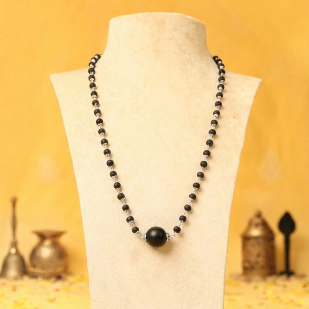 Silver Cap Karungali Mala with Large Bead, Gov. Lab Certified