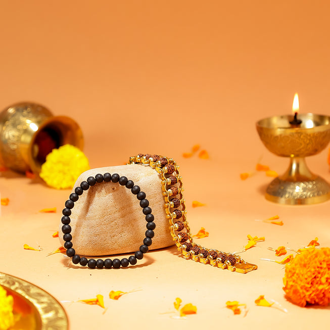Divine Duo - Gold Plated Rudraksha & Karungali Malai Bracelet Combo