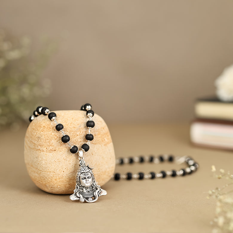 Shiv Pendant Karungali Malai Silver Cap Necklace with Govt. Certification