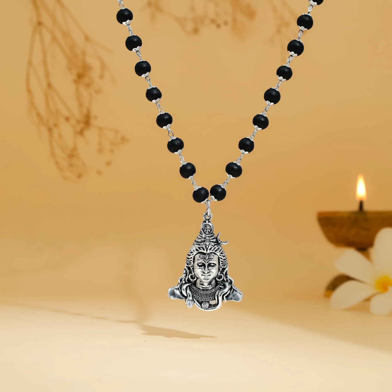 Shiv Pendant Karungali Malai Silver Cap Necklace with Govt. Certification